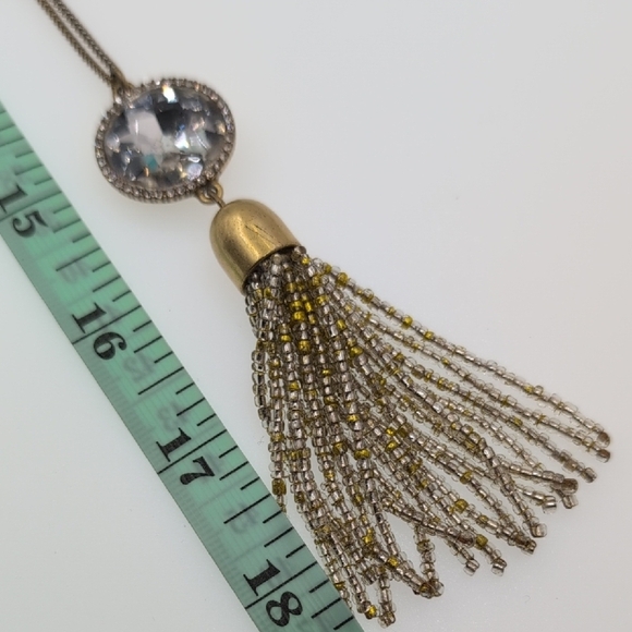 J. Crew Gold and Silver Tassel Necklace with Large Glass Rhinestone Pendant - Picture 4 of 6